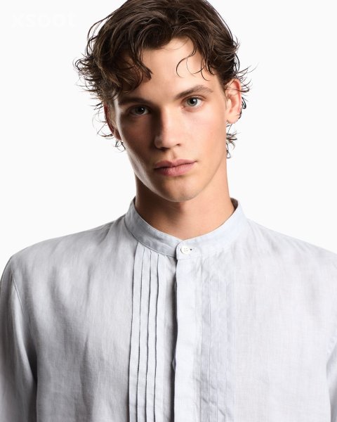 Garment-dyed linen shirt with guru collar and pleated detail