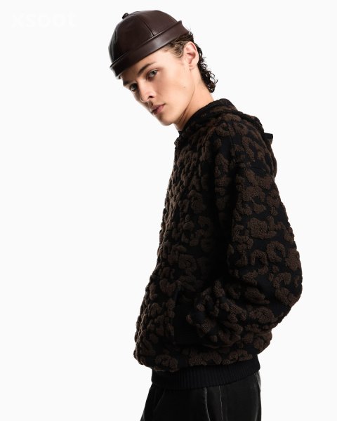 Leopard jacquard virgin wool hooded jumper