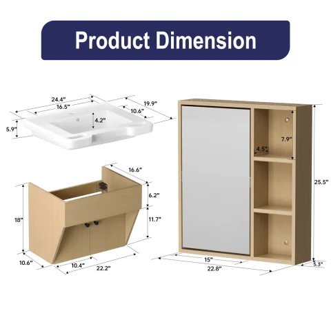 24"ADA Wall Mounted Single Bathroom Vanity With Ceramic Top & Mirror Cabinet