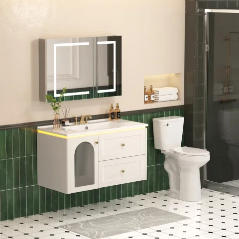 36"Single Floating Bathroom Vanity With Sink, Wall Mounted Vainty With Motion-Sensor Led Night Light