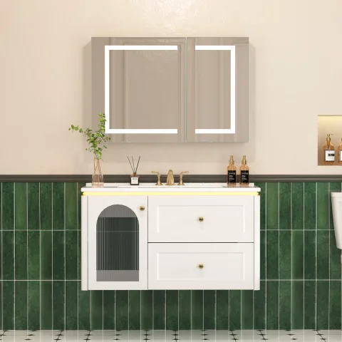 36"Single Floating Bathroom Vanity With Sink, Wall Mounted Vainty With Motion-Sensor Led Night Light