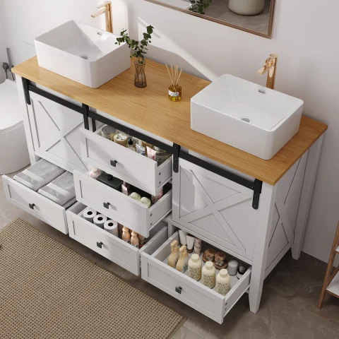 60" Farmhouse Bathroom Vanity With Double Sink, 2 Sliding Barn Doors & 5 Drawers