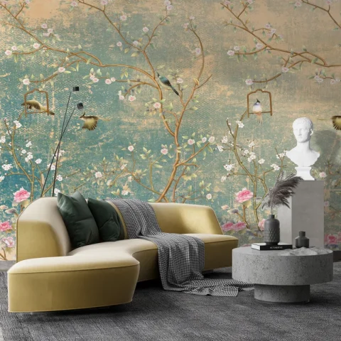 Vintage Chinoiserie on Grunge Peel and Stick Wallpaper Mural