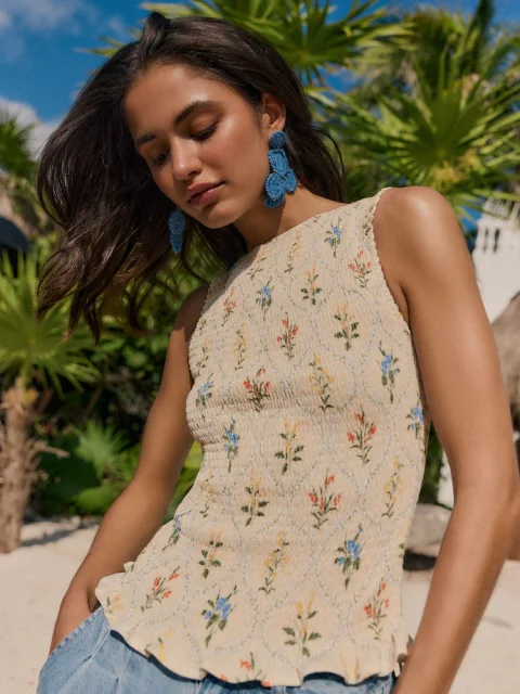 Friends Like These Cream Floral Print Shirred Top