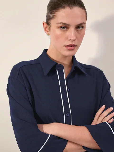Navy Tipped Long Sleeve Polo Button Through Top