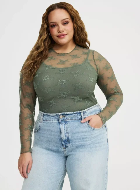 Women's torrid Sheer Lace Long Sleeve Crew Top