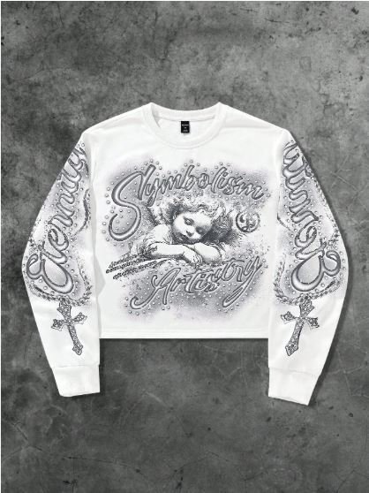 ROMWE MEN Teen Boy Letter & Cross Print Crew Neck Long Sleeve Pullover Sweatshirt