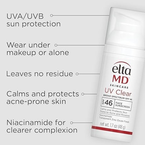 EltaMD UV Clear Face Sunscreen SPF 46, Oil-Free Sunscreen with Zinc Oxide, Dermatologist Recommended